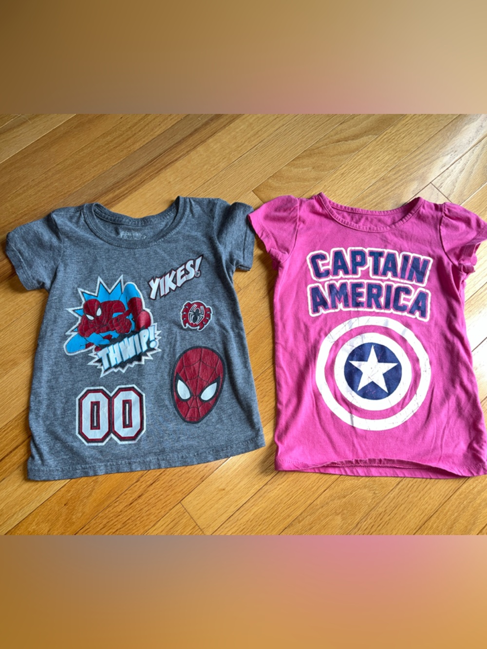 Marvel Kids Short Sleeve Tees - Gray Spiderman & Pink Captain America